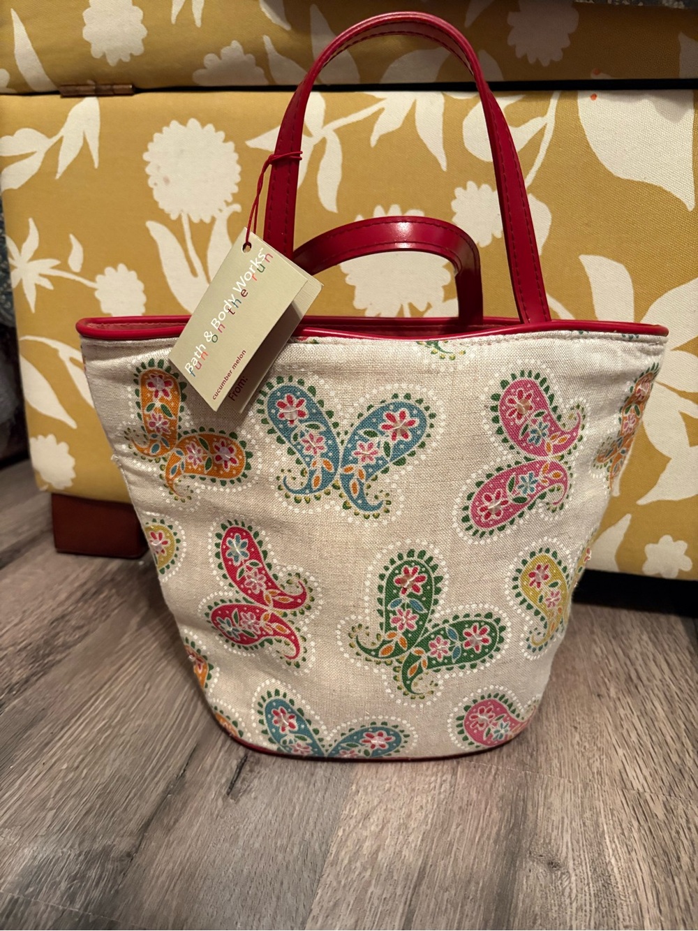 Vintage Bath and Body Works Small Red / Pink Paisley Canvas Tote with Red Trim
